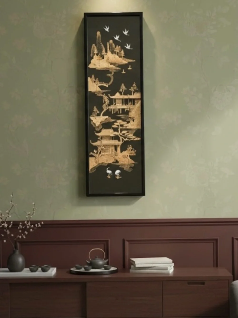Vtg Chinese Asian Landscape Cork Diorama Wall Art  in Black Lacqered Frame 23x8”